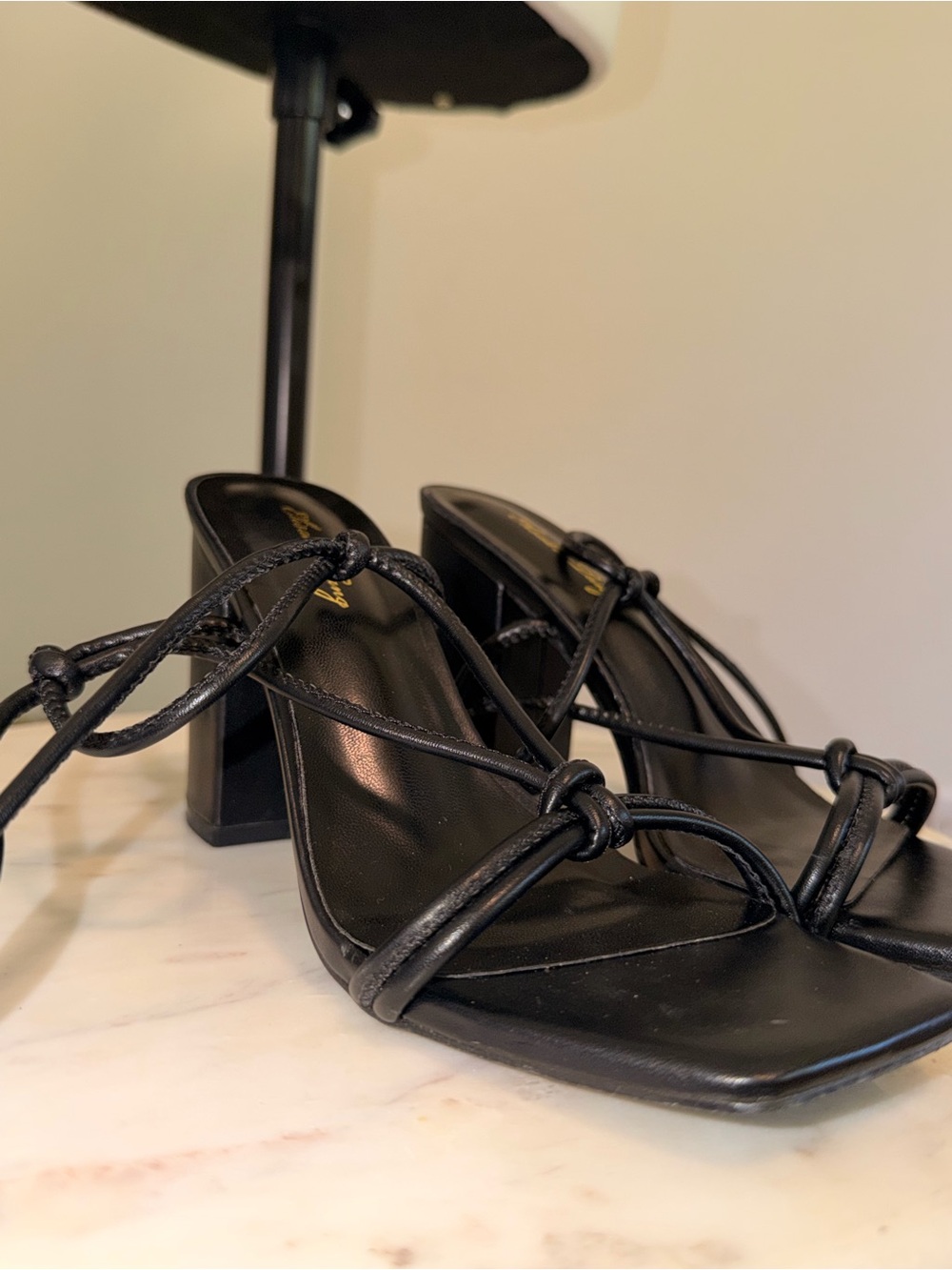 Knotted Strappy Black Block-Heel Sandals - Women's